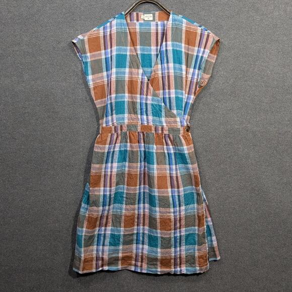 Bridge & Burn Wrap Dress Womens Small Linen Acadia Cap Sleeve Pockets Plaid - Picture 1 of 13